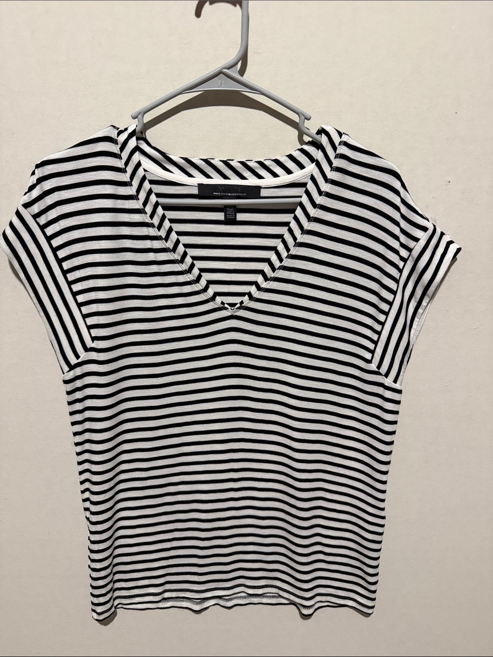 White House Black Market Black & White Striped V-Neck Tee